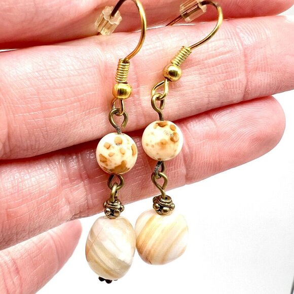 Handmade Dangle Earrings Natural Stone Beads & Gold-Tone Hooks - Picture 2 of 8